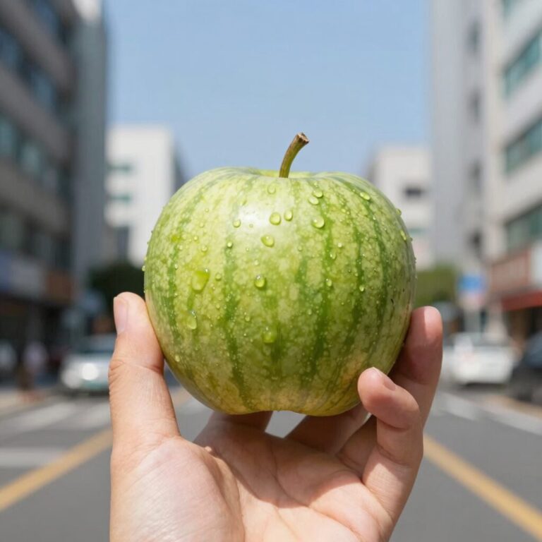 한 손에 쥔 작은 애플수박을 들고 있는 모습