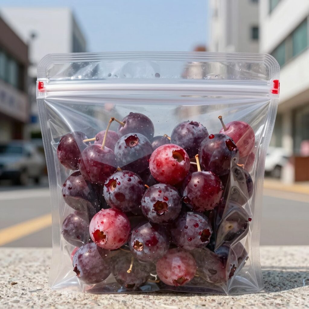 냉동 아로니아를 지퍼백에 담아 보관하는 모습, 떫은맛을 없애는 첫 단계