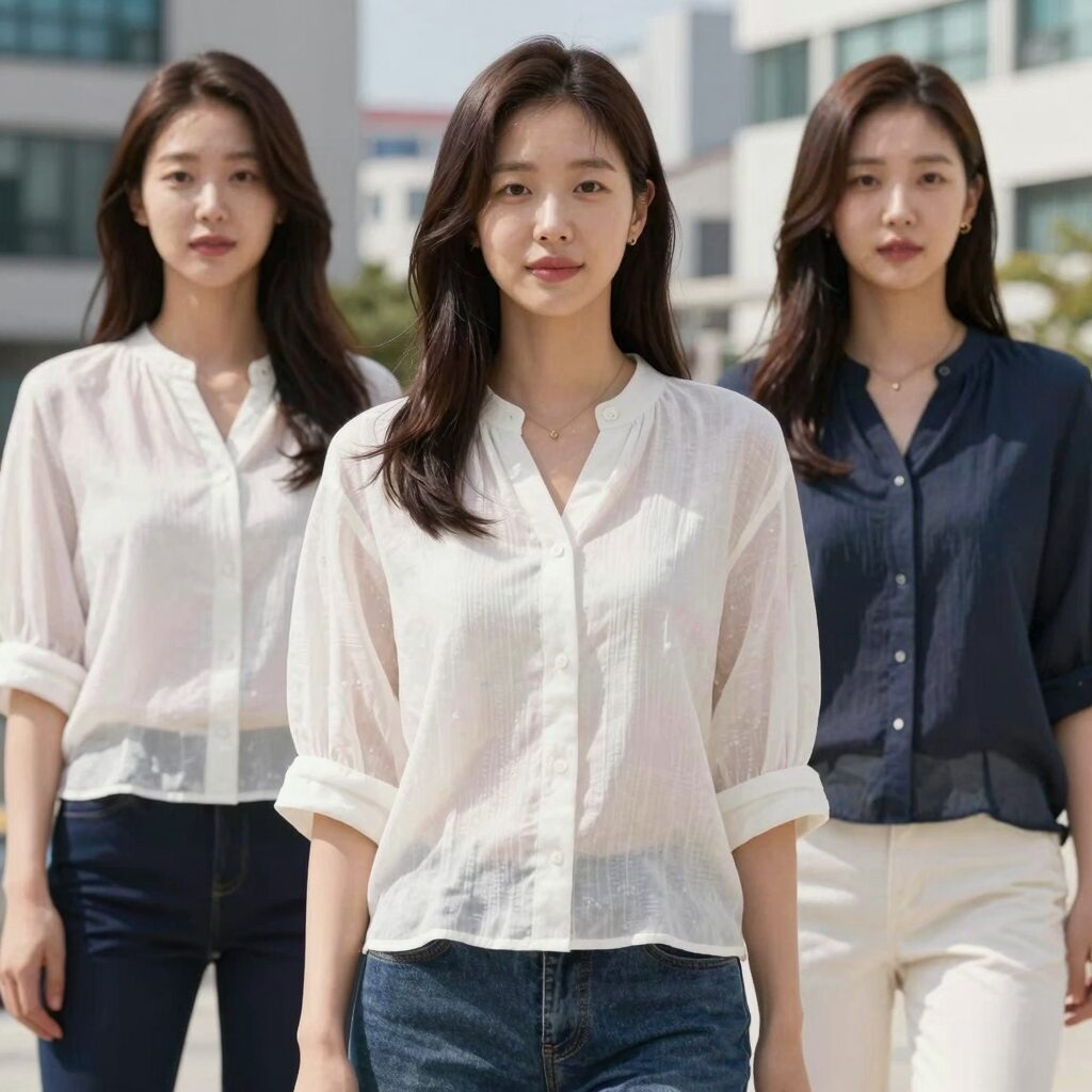 여성 아사면 블라우스 루즈핏 시스루 긴팔 여름 코디