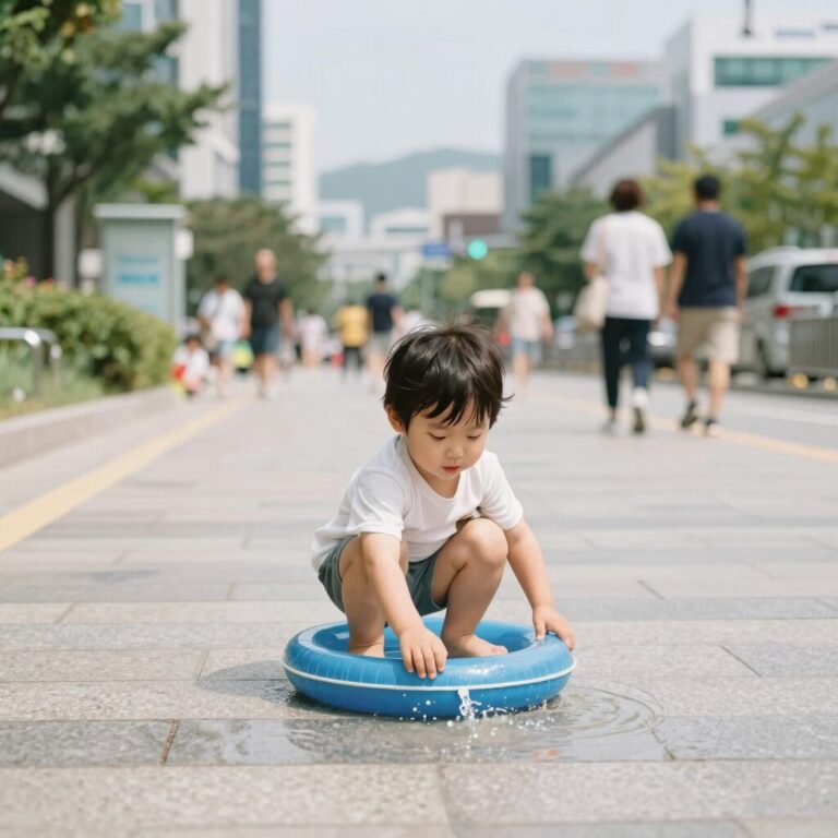 아발론 보행기튜브로 물놀이하는 아이 모습