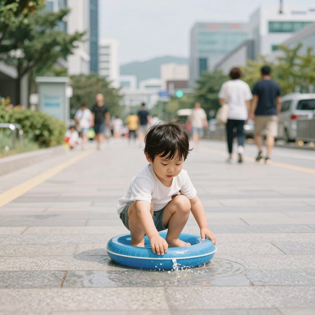 아발론 보행기튜브로 물놀이하는 아이 모습