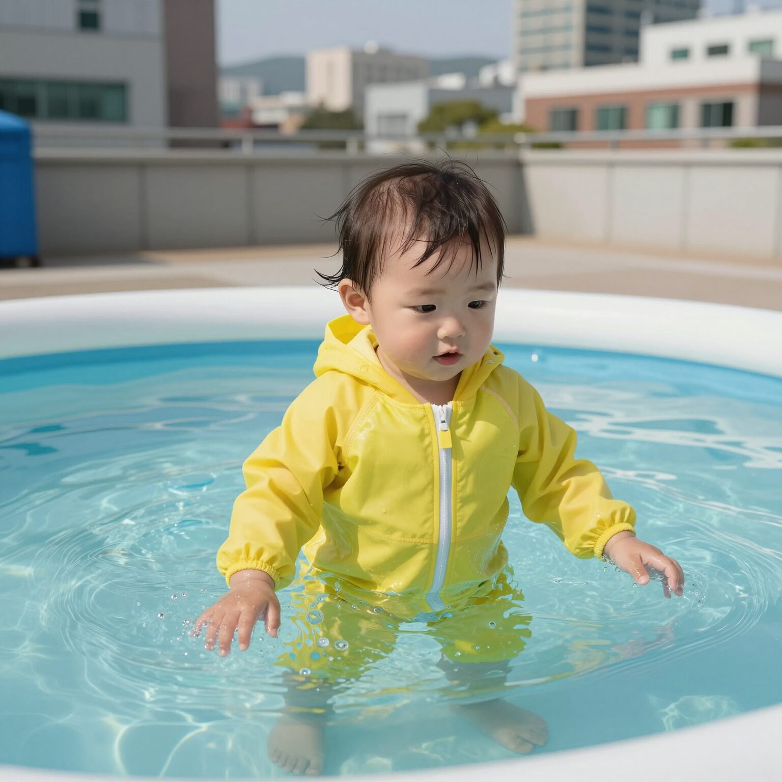 아기가 구명조끼를 입고 유아풀에서 물놀이하는 모습으로 안전한 착용법과 적응 과정을 보여줌