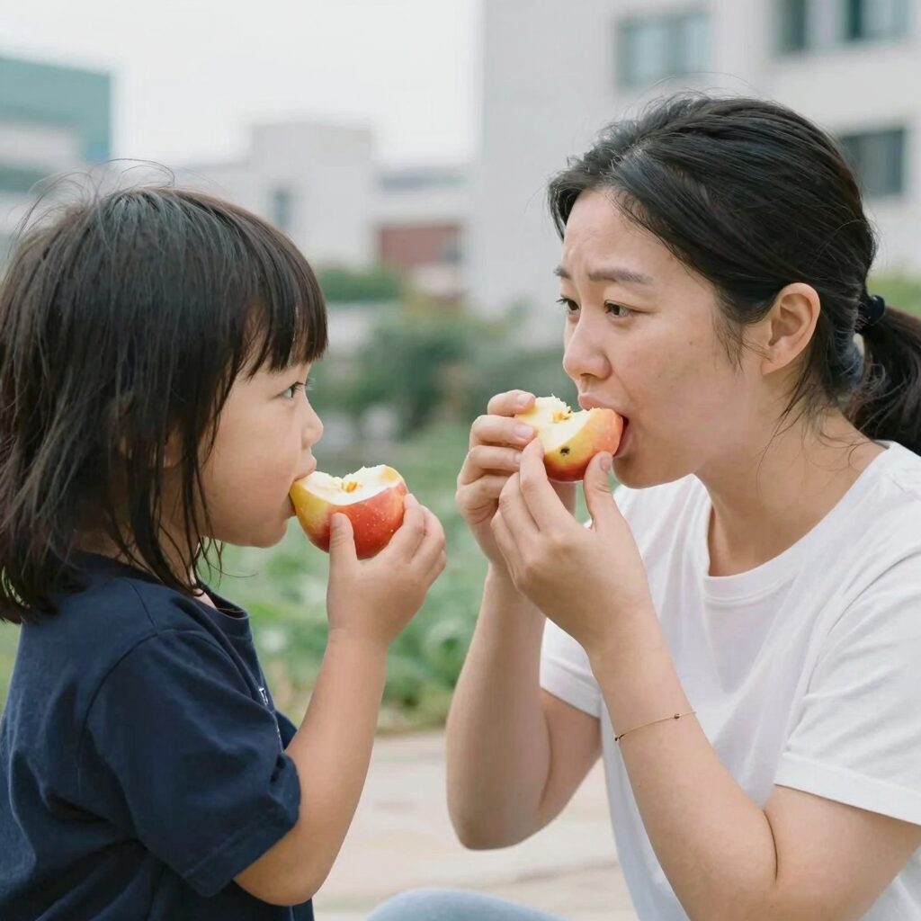아기가 엄마가 깎아준 복숭아를 먹고 있는 모습