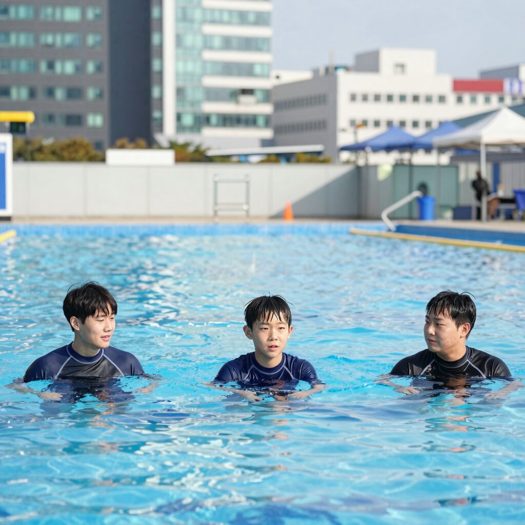 돌아기 남아가 올인원 래쉬가드를 입고 물놀이하는 모습