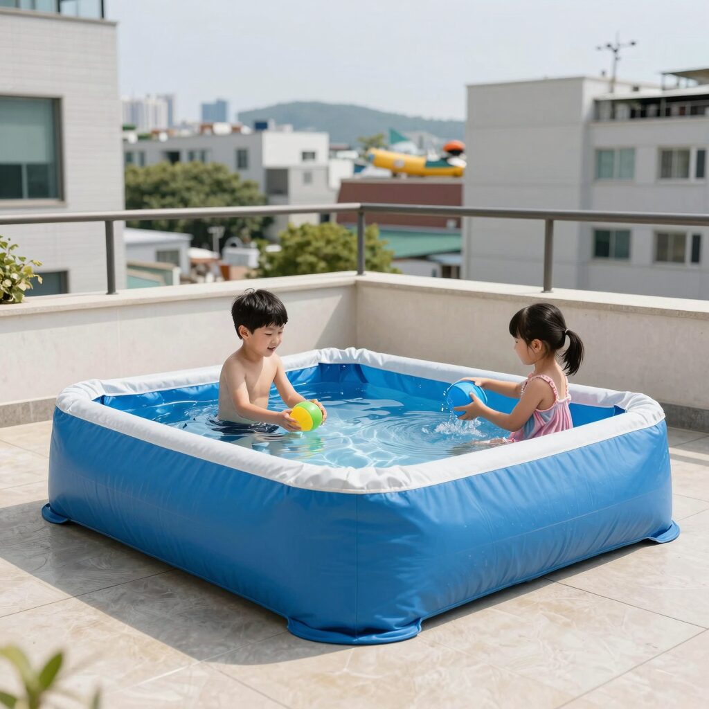 베란다에 설치한 워터 테이블과 물놀이 장난감의 모습
