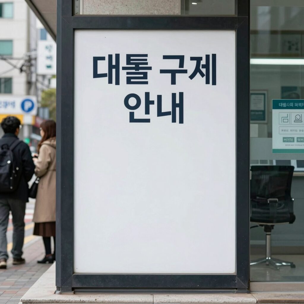 은행 창구 앞에 대출 규제 안내문이 붙어 있는 모습, 가계대출 조인다는 분위기를 시각화