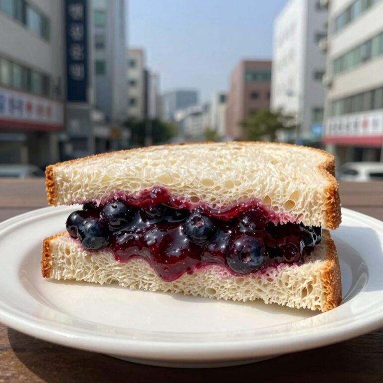 직접 만든 저당 블루베리잼을 식빵에 듬뿍 바른 샌드위치 사진