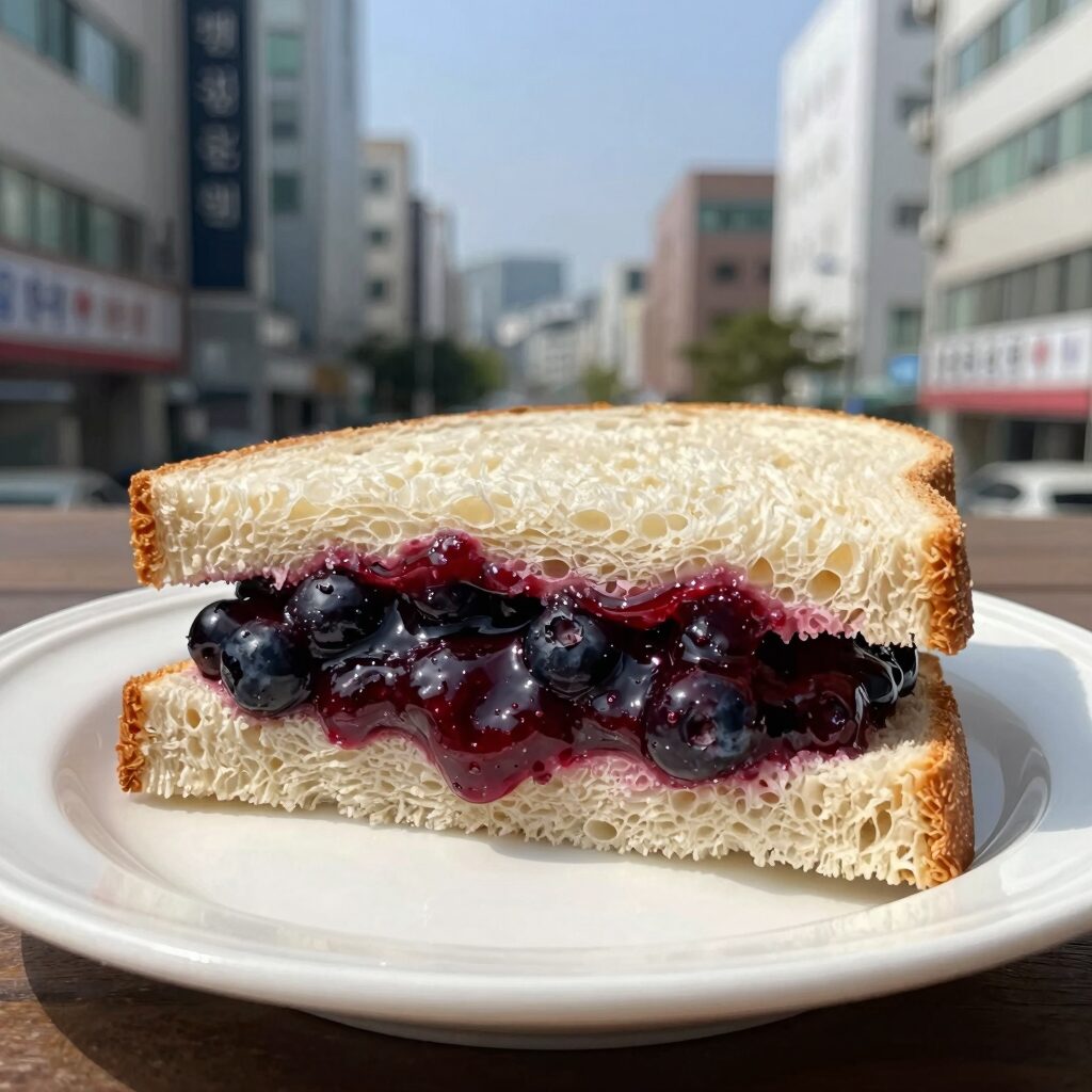 직접 만든 저당 블루베리잼을 식빵에 듬뿍 바른 샌드위치 사진
