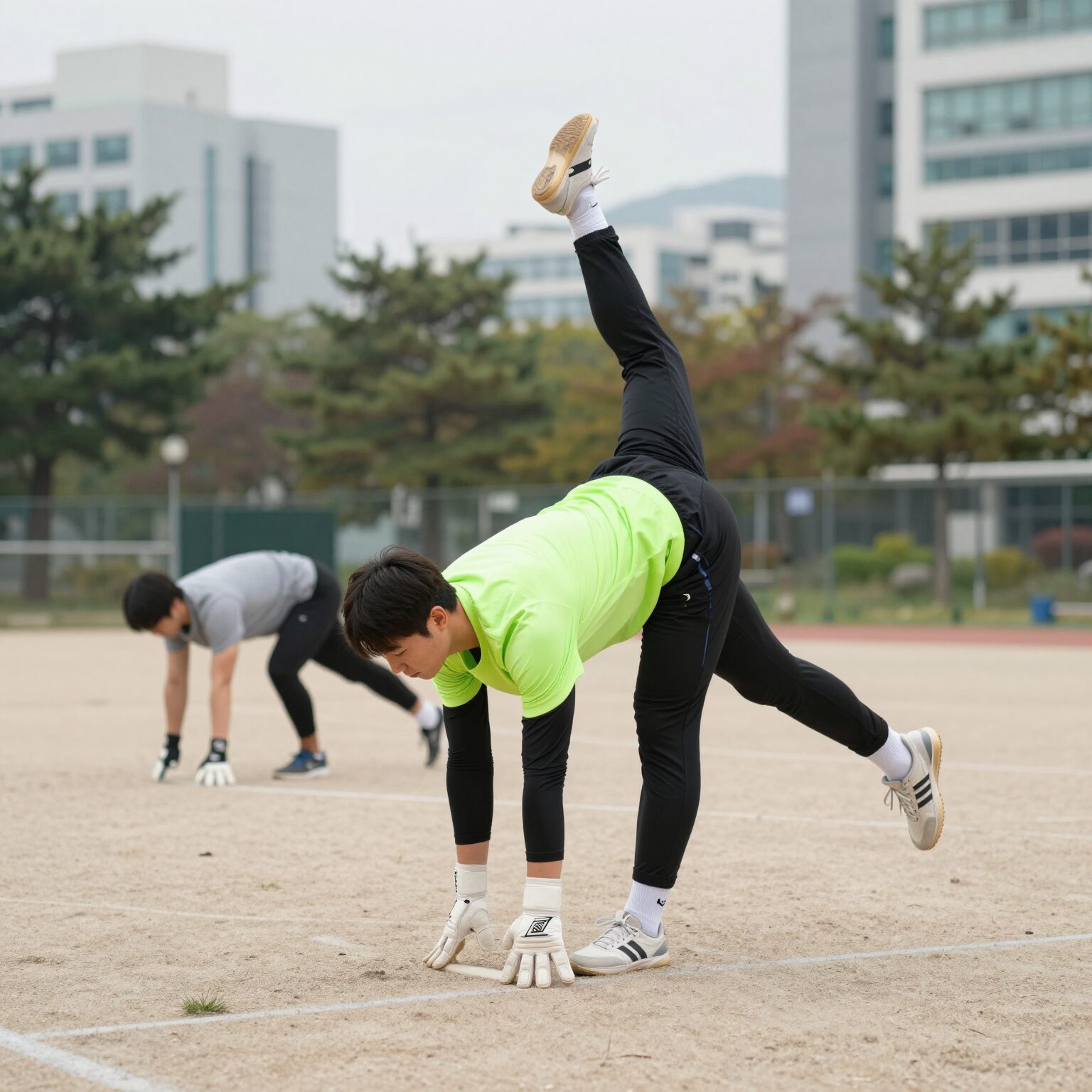 보지냐 골키퍼가 필라테스 자세를 취하며 유연성 훈련하는 모습