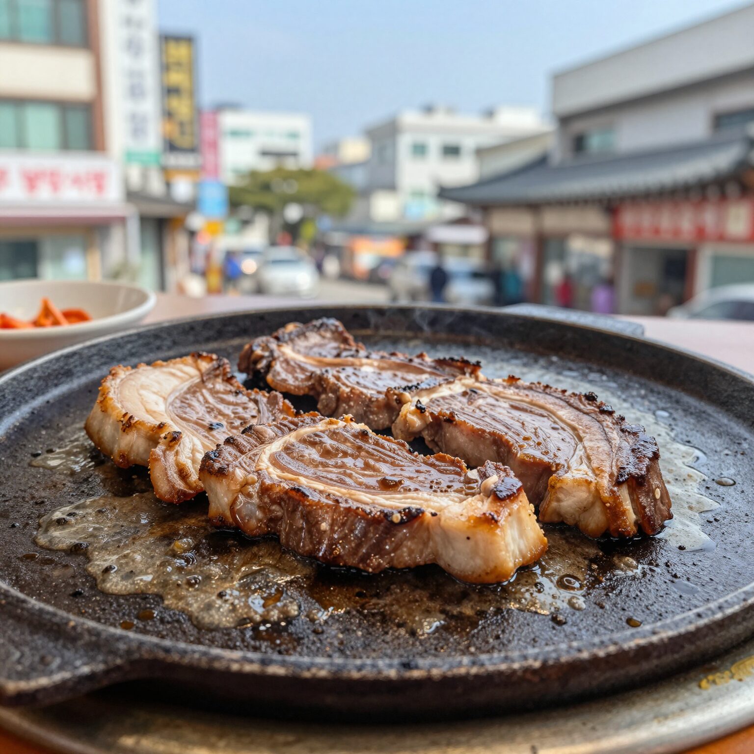 양주 봉암식당의 두툼한 삼겹살이 불판 위에서 익고 있는 모습