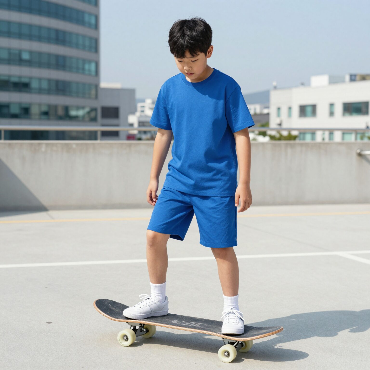 키 145cm 36kg 남아가 퀵실버 보드숏 14사이즈를 입은 모습. 무릎 위 기장으로 활동성이 좋고 블루 컬러가 깔끔하다.