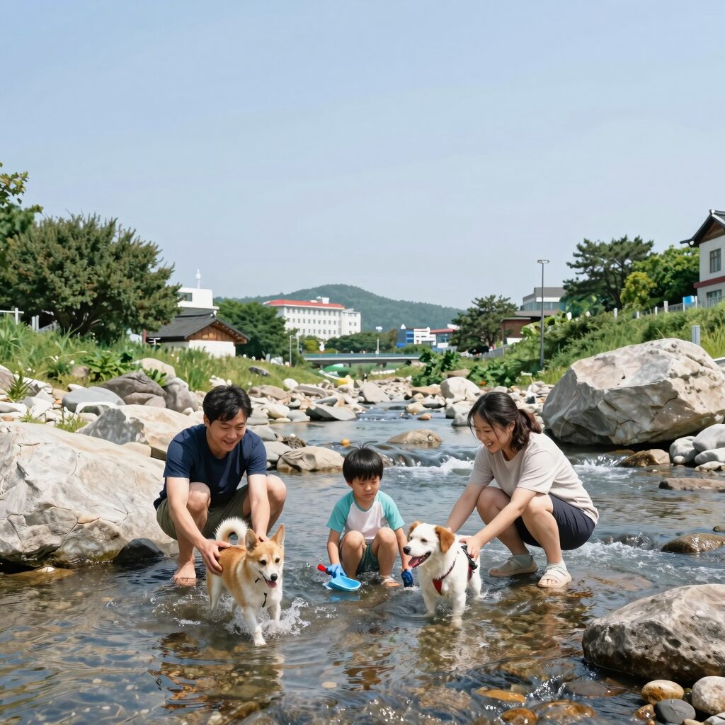 부산근처 계곡 시원한 물놀이를 즐기는 가족과 반려견의 모습