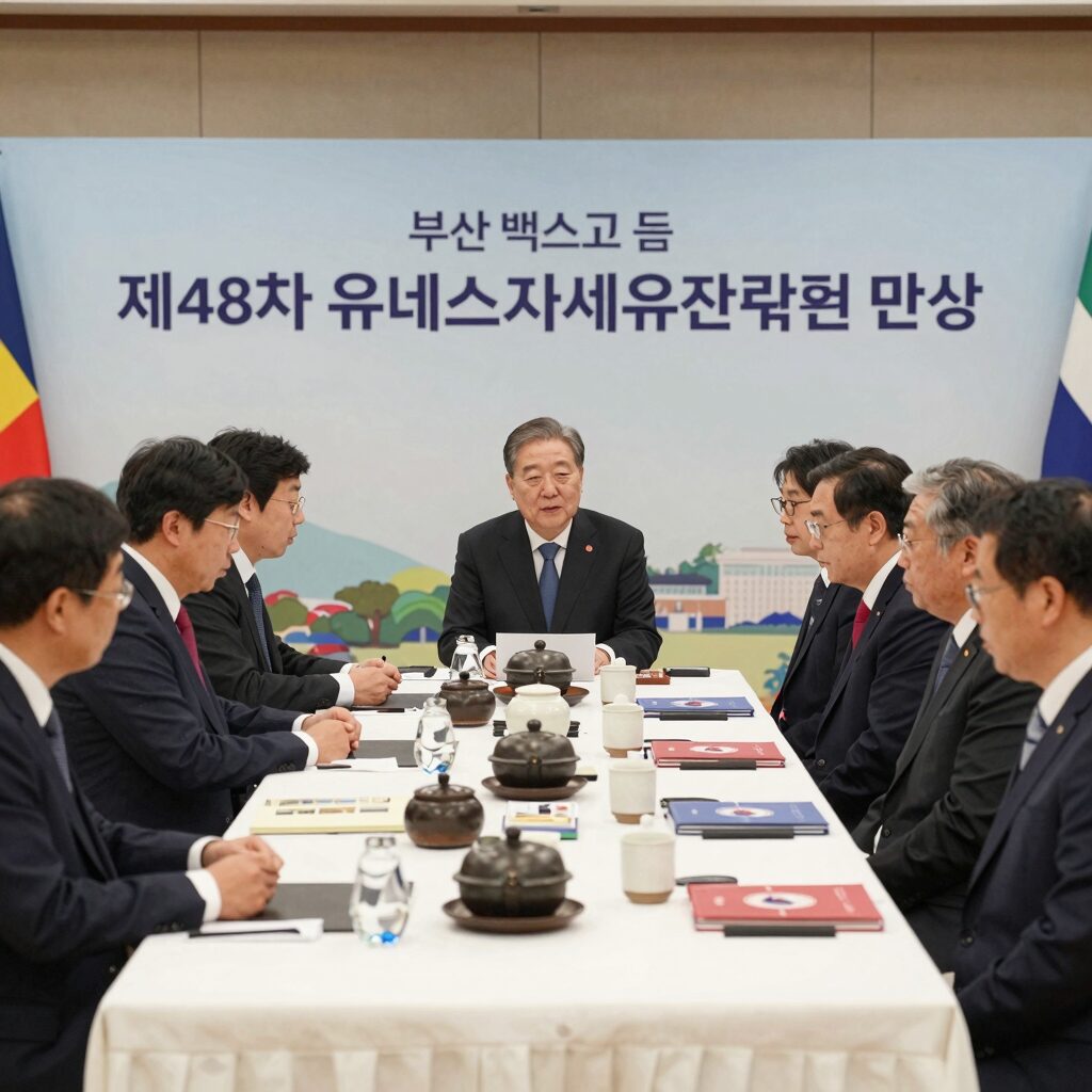 부산 벡스코에서 열린 제48차 유네스코 세계유산위원회 만찬 장면, 대통령이 참석한 국빈 만찬 테이블 위에 한국 전통 식기와 K-팝 앨범이 놓여 있다