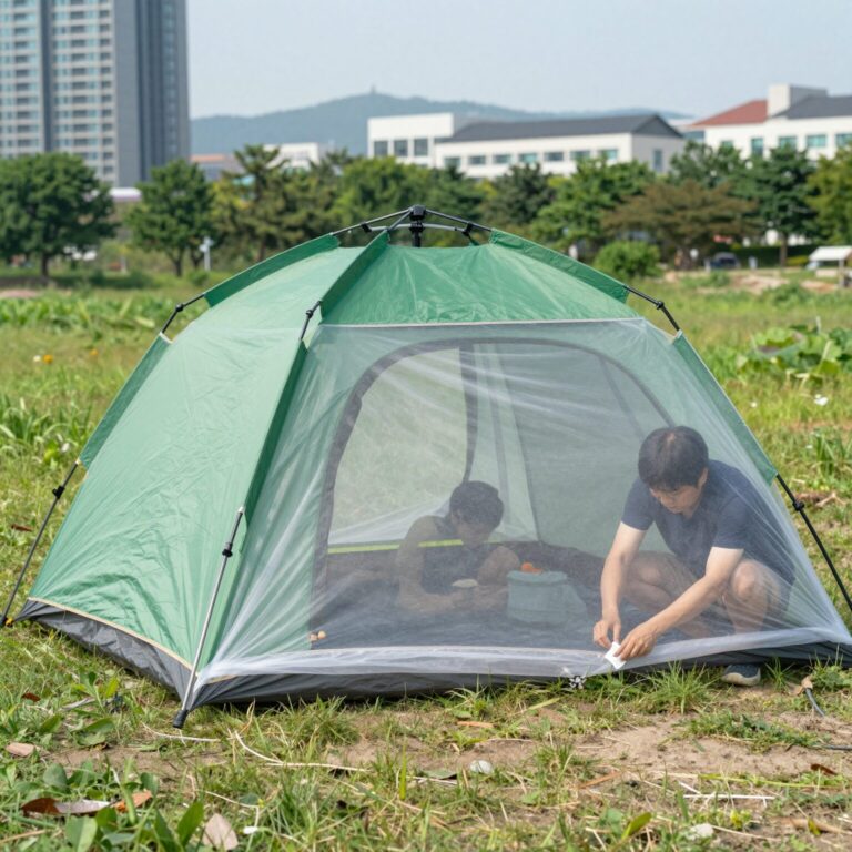 초록색 캠핑장에서 모기장 텐트를 설치하는 모습, 폴대를 교차시키는 과정