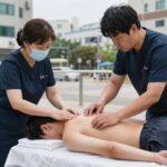 지네에 물린 후 냉찜질과 세척 응급처치 장면