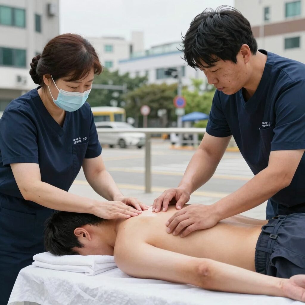 지네에 물린 후 냉찜질과 세척 응급처치 장면