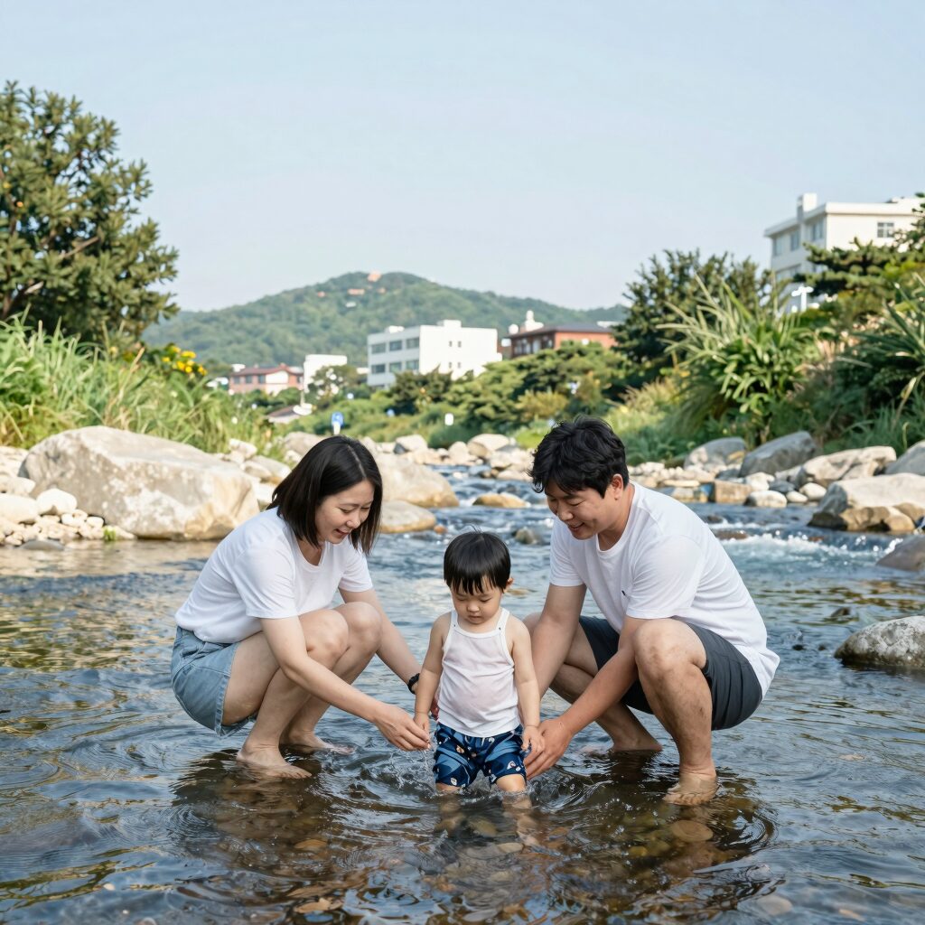 청도 운문사 계곡 평상에서 물놀이하는 가족