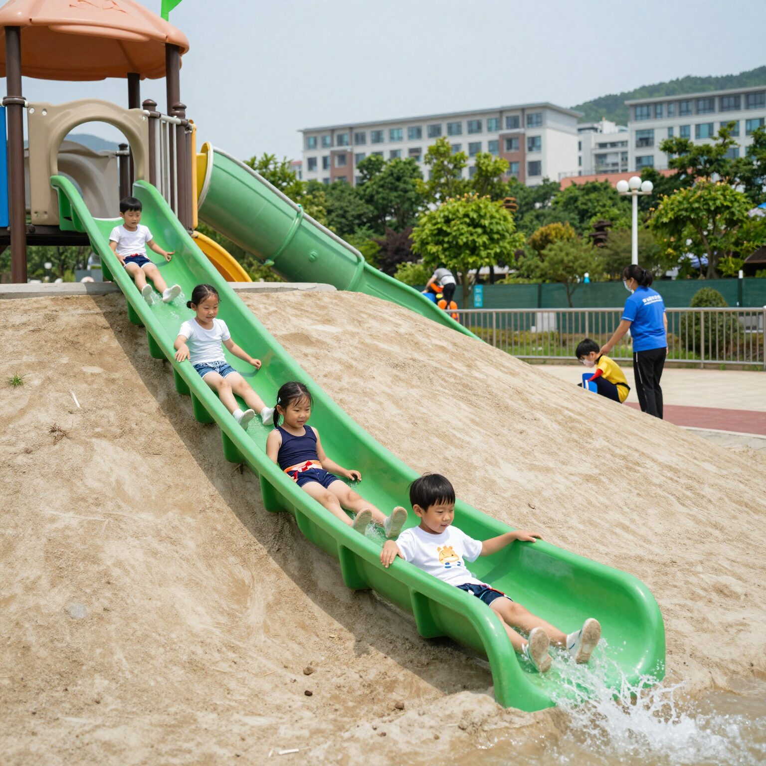 청주 문암생태공원 물놀이장에서 어린이들이 워터슬라이드를 즐기고 있는 모습, 안전요원이 옆에서 지켜보고 있다.