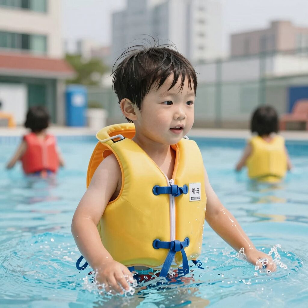아동용 구명조끼를 착용하고 물놀이하는 아이의 모습