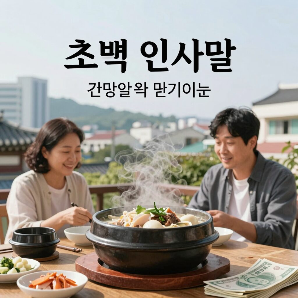 초복 인사말 이미지 예시로 삼계탕과 함께 건강을 기원하는 문구가 담긴 카드 디자인
