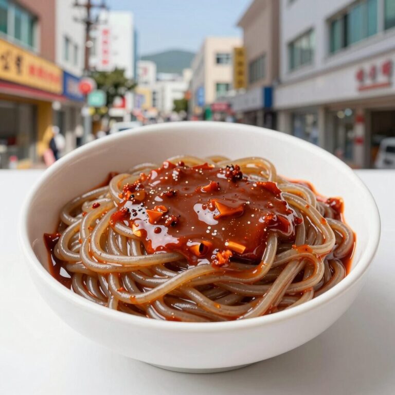 Homemade cold noodle sauce on a white bowl