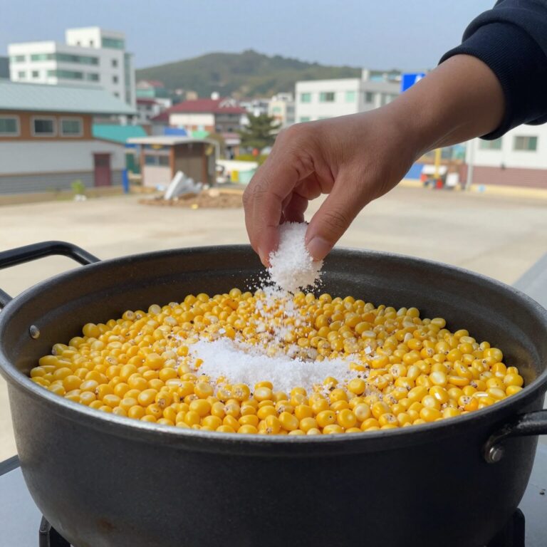 냄비에 옥수수를 쌓고 소금과 뉴슈가를 넣어 삶는 모습, 찰옥수수 삶는 과정