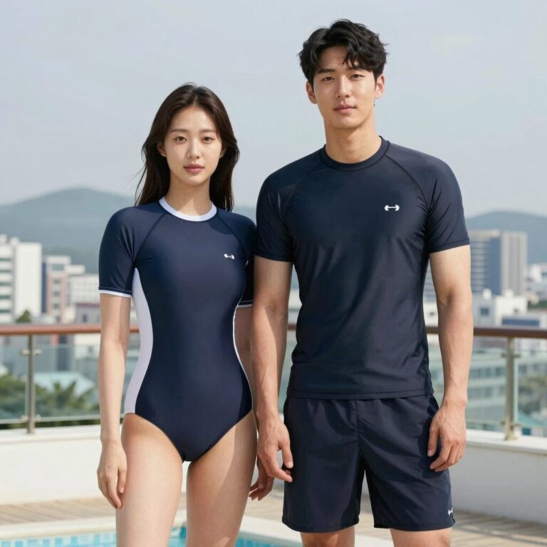 커플 수영복 오버핏 래쉬가드 착용 모습