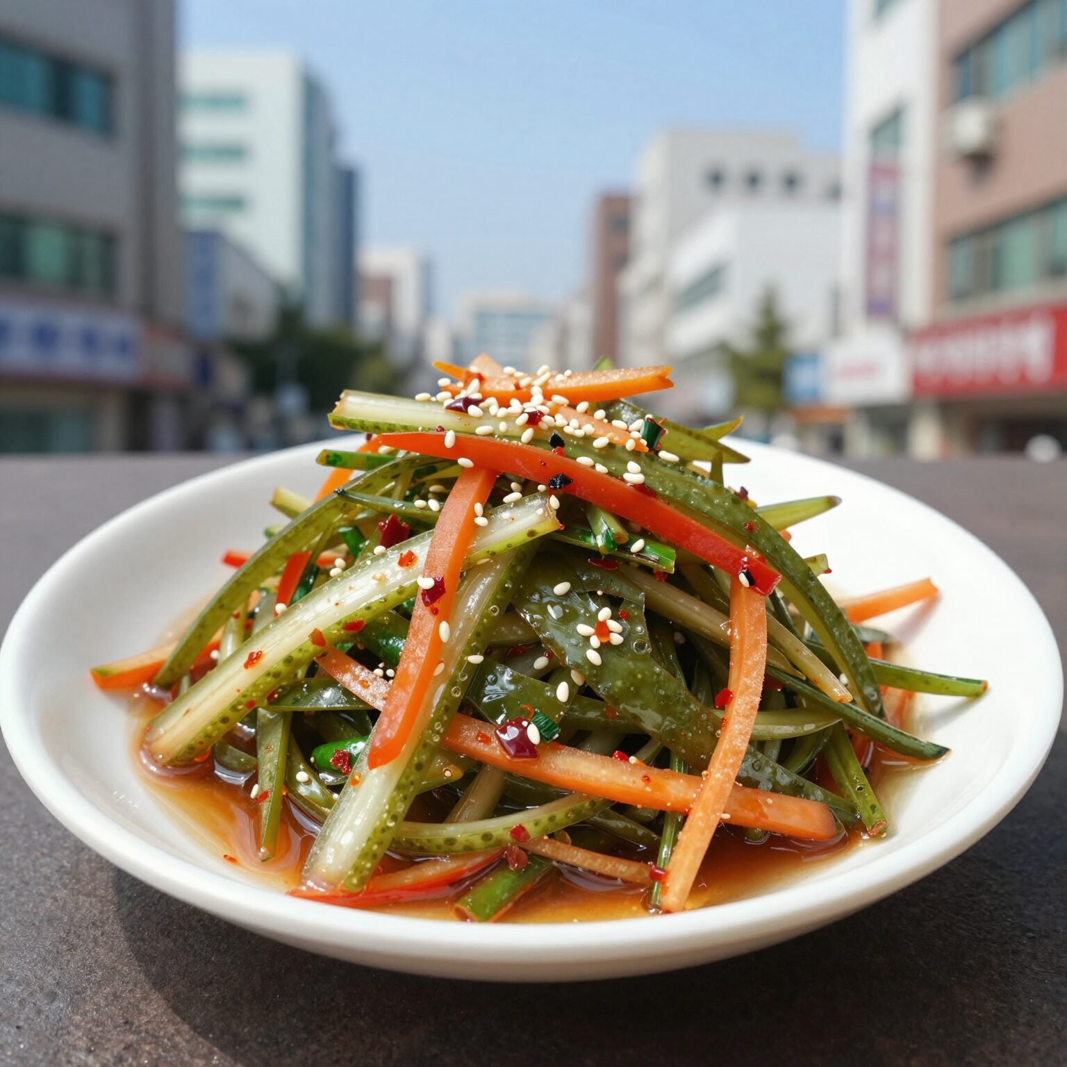 아삭한 오이장아찌무침이 그릇에 담겨 있는 사진