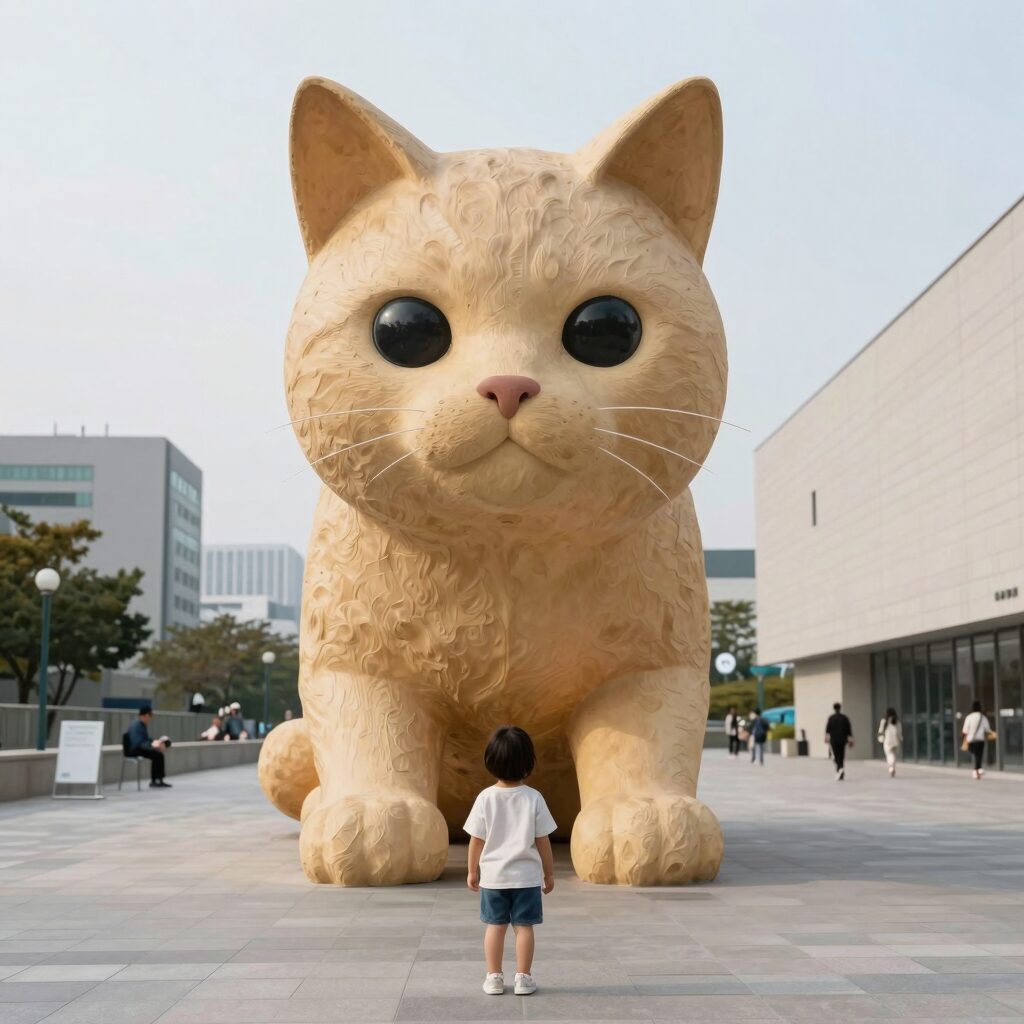 대구미술관 전시장에서 아이가 거대한 고양이 작품 앞에 서 있는 모습. 부드러운 조명과 따뜻한 색감이 배경화면으로 적합함.