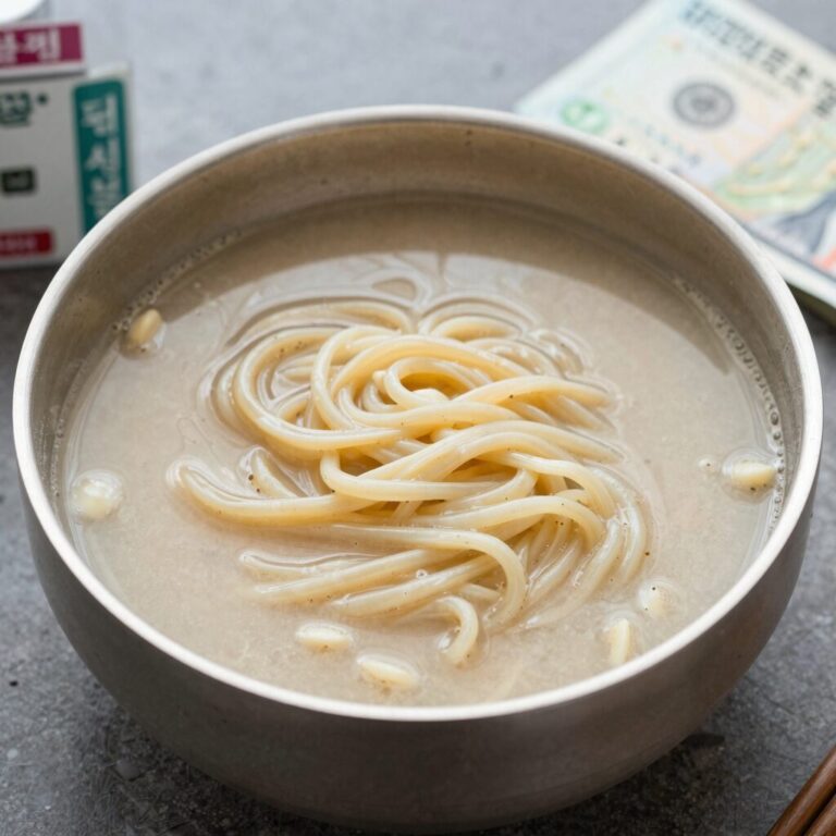 대성콩물 중흥본점 콩물국수 그릇에 담긴 모습, 고소한 콩물과 쫄깃한 생면