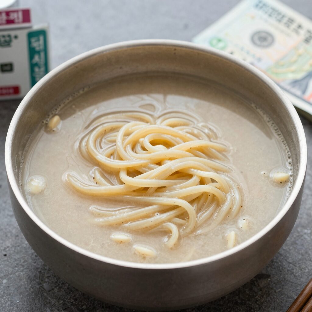 대성콩물 중흥본점 콩물국수 그릇에 담긴 모습, 고소한 콩물과 쫄깃한 생면이 보임
