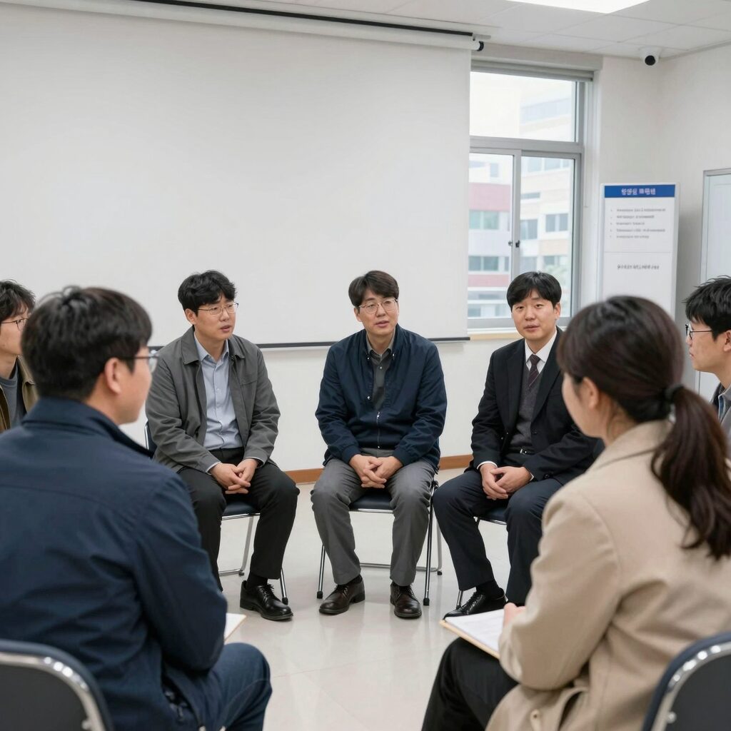 당원 첫 모임에서 다른 당원들과 이야기하는 모습