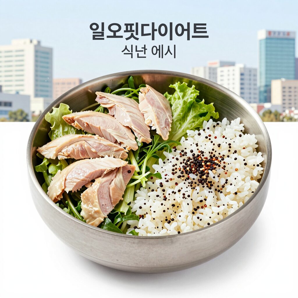 일오핏다이어트 식단 예시로 닭가슴살 샐러드와 잡곡밥이 담긴 접시
