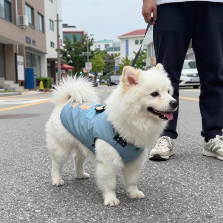 강아지 쿨조끼를 입고 여름 산책을 즐기는 반려견