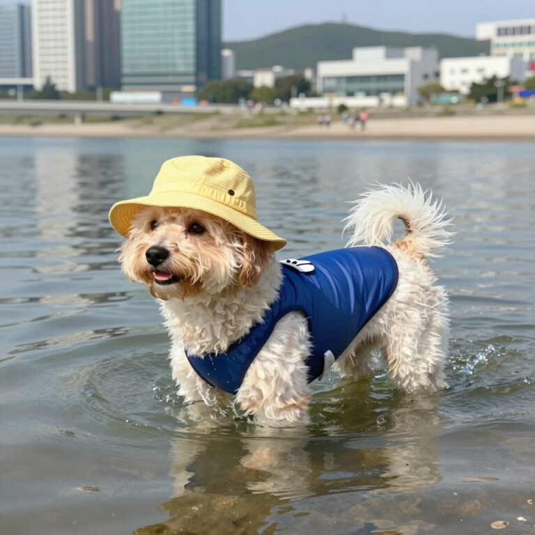 수영복과 모자를 착용한 강아지가 물속에서 즐거워하는 모습