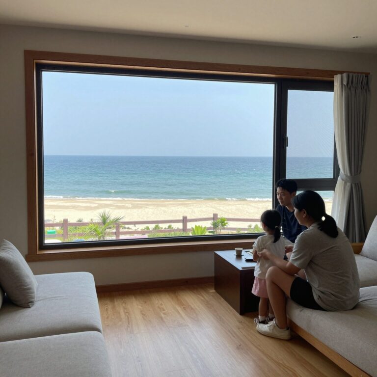 도깨비 10주년 여행 숙소 스테이동산항 거실 통창 너머 동해 바다가 펼쳐진 풍경