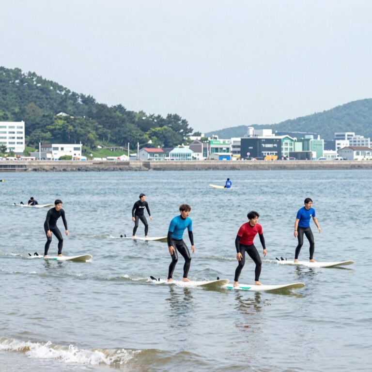 동해 대진해수욕장에서 서핑 보드를 들고 있는 사람들