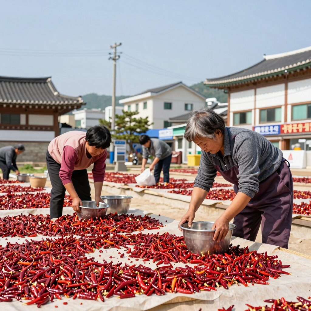 고추를 햇볕에 말리는 과정 사진