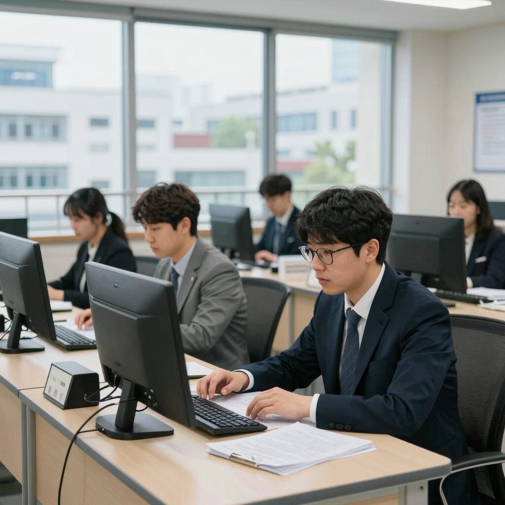교육행정실에서 여러 업무를 동시에 처리하는 모습