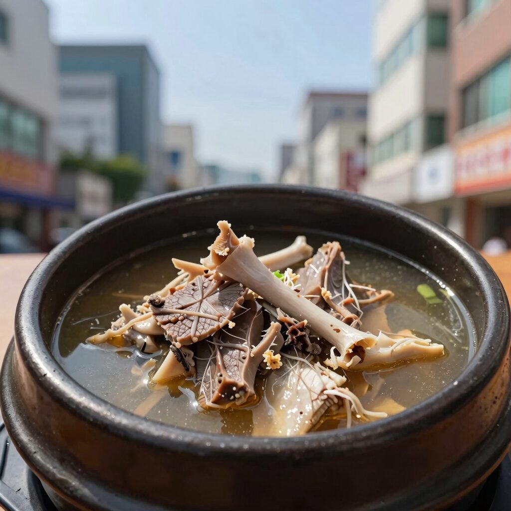 뼈까지 푹 삶아 진한 국물을 낸 여름 보양식 장어탕 그릇에 담긴 모습