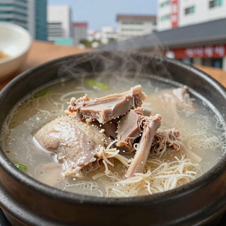 전기밥솥으로 만든 누룽지 삼계탕 완성 사진. 닭과 누룽지가 함께 담겨 고소한 비주얼을 자랑한다.