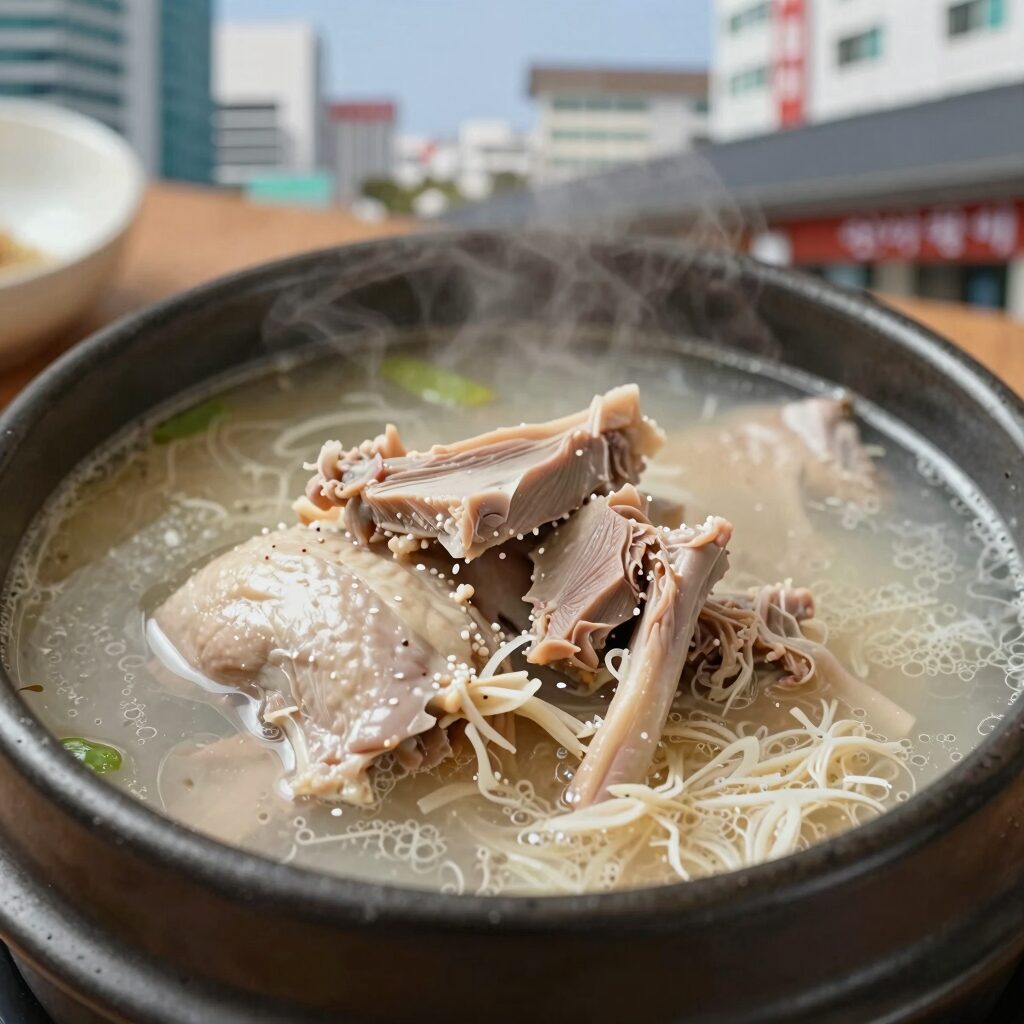 전기밥솥으로 만든 누룽지 삼계탕 완성 사진. 닭과 누룽지가 함께 담겨 고소한 비주얼을 자랑한다.