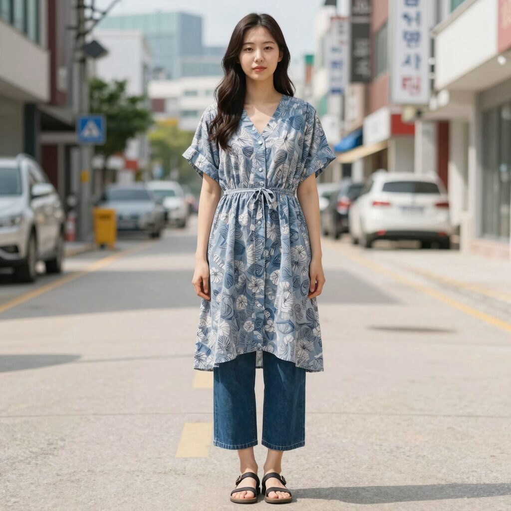 여름 에스닉 로브 원피스를 데님 팬츠 위에 레이어드한 착용 사진으로, 루즈핏과 페이즐리 패턴이 돋보인다