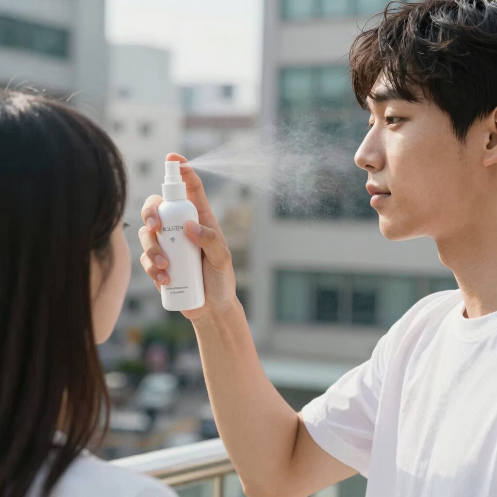 얼굴 데오드란트 스프레이를 사용하는 모습, 가볍게 분사하는 장면
