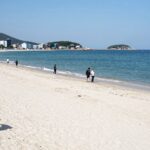 강릉 사근진해변의 넓은 백사장과 푸른 바다가 펼쳐진 모습