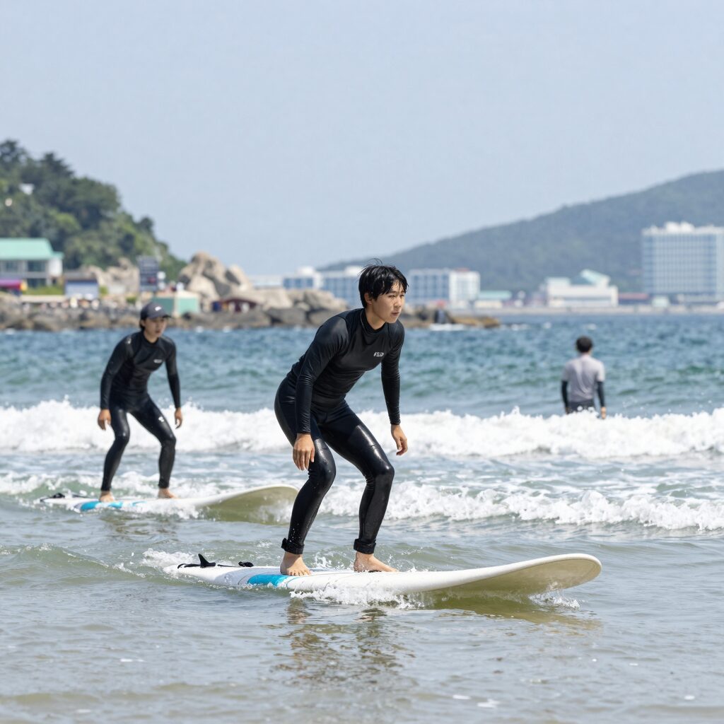 강릉 서핑 명소 사천해변에서 초보자들이 서핑 보드 위에 서 있는 모습