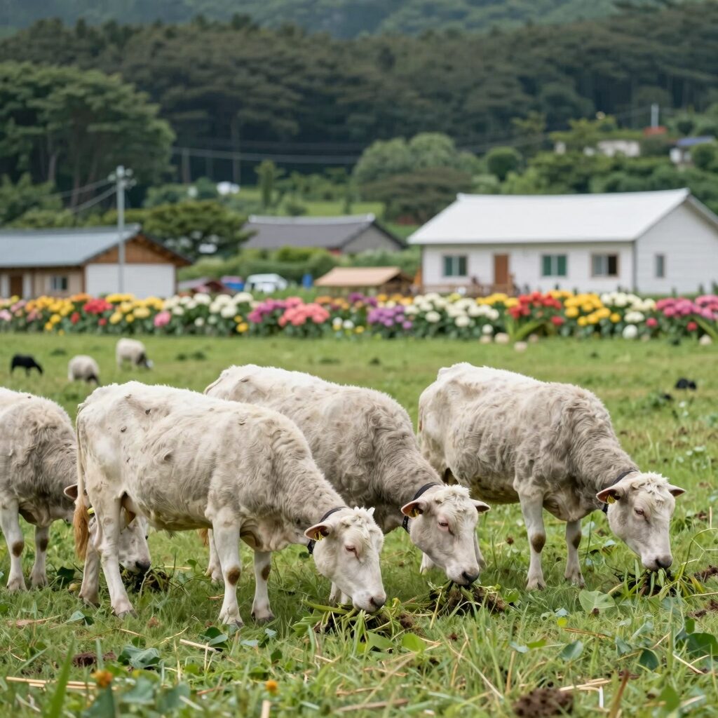 가평 양떼목장 초원에서 양들이 풀을 뜯고 있는 모습, 뒤로 수국 정원이 보이는 여름 풍경