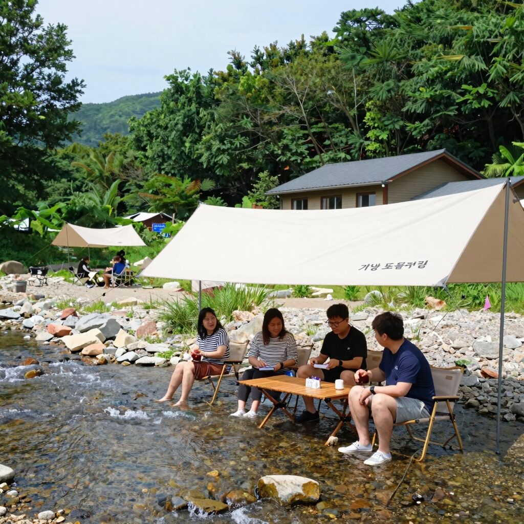 가평 또올래캠핑장 여름 계곡 물놀이 모습, 시원한 그늘과 맑은 물이 어우러진 풍경
