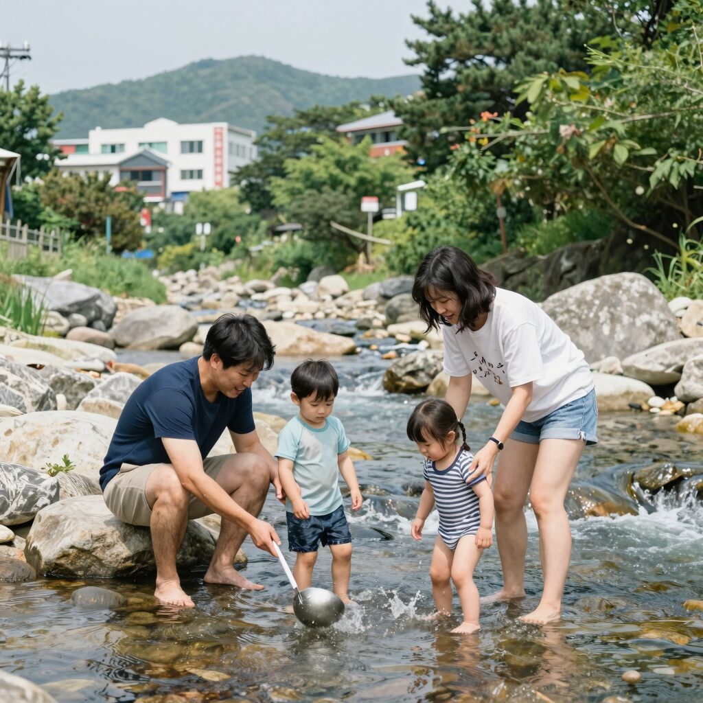 거창 수승대 펜션 계곡에서 물놀이하는 가족 모습