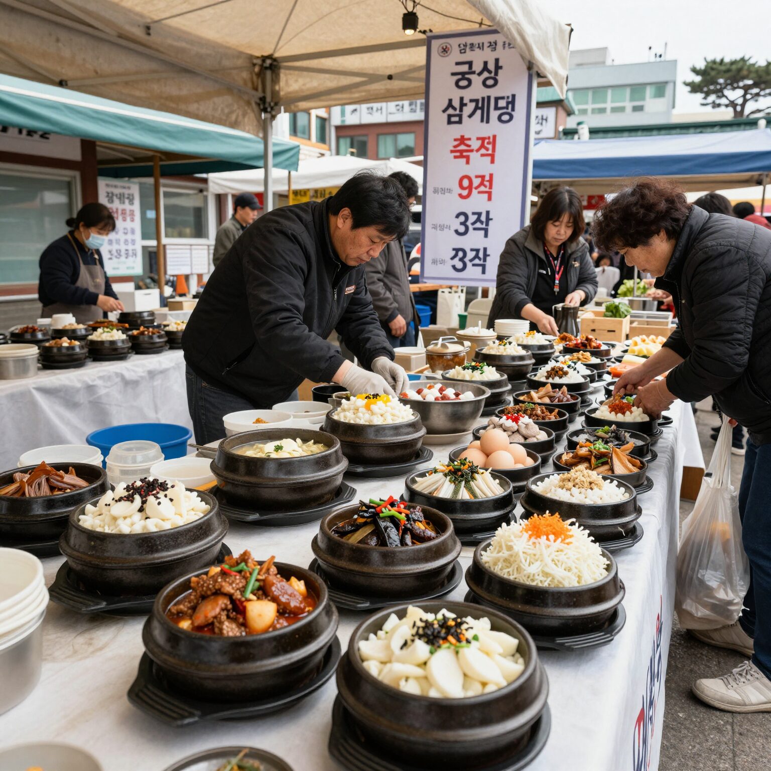 금산 삼계탕 축제 현장에서 판매하는 다양한 삼계탕 메뉴와 가격표 모습